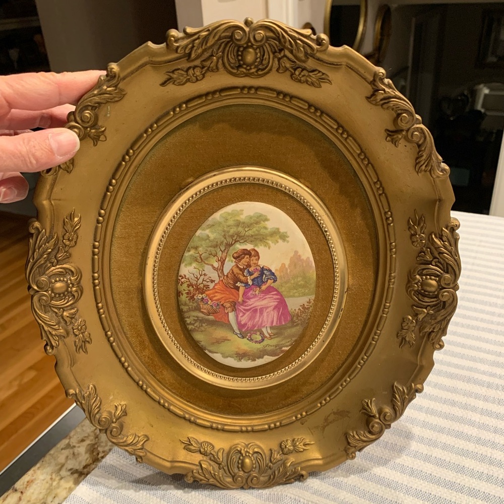 Rococo framed ceramic painted lady and gentleman, victorian. cameo art on velvet